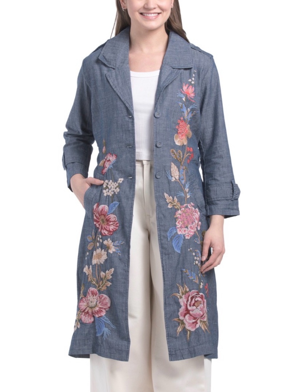 Johnny Was Blue Embroidered Floral Trench Coat
Xl/XXL
color: denim blue